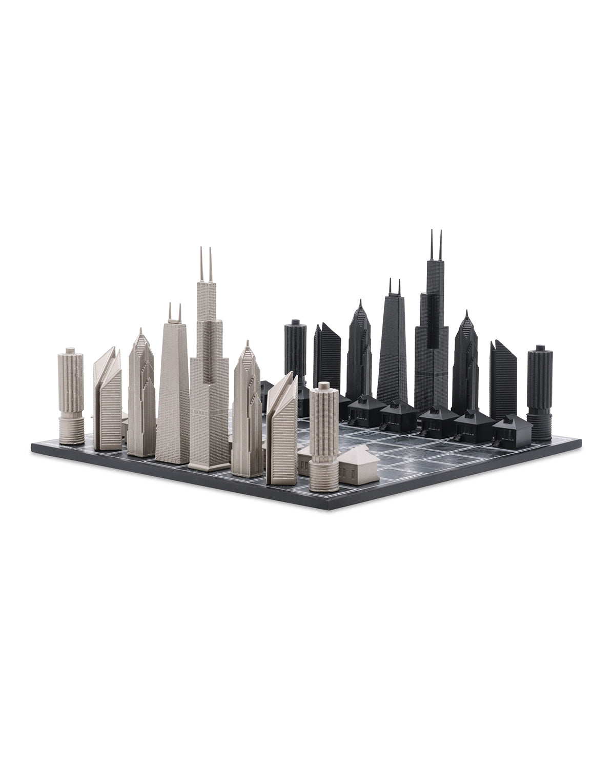Skyline Chess Chess Set Stainless Steel CHICAGO Edition with Chicago Wood Map Board